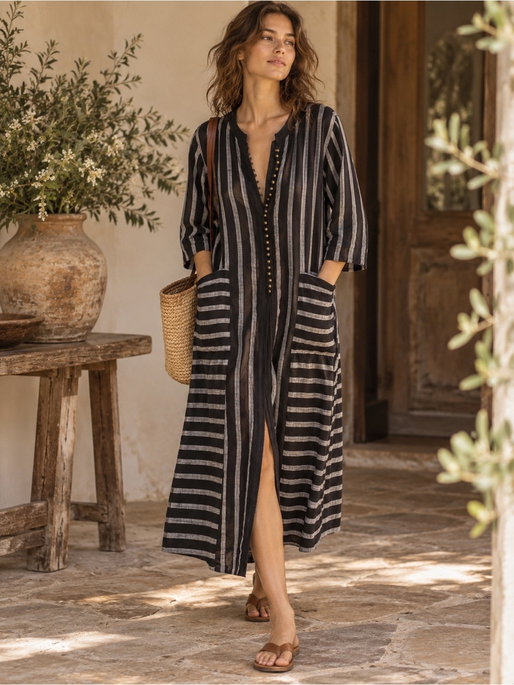 New Soft Surroundings Striped Black Gray Long Duster Tunic Topper